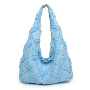 Urban Expressions Barbuda Cotton Fringe Hobo Handbag- Baby/Sky Blue